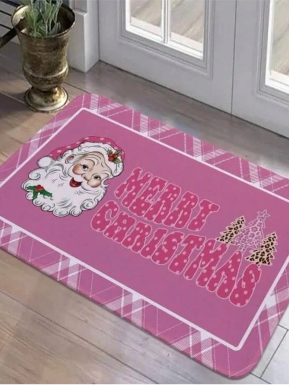 Festive Pink 'Merry Christmas' Santa Holiday Doormat by